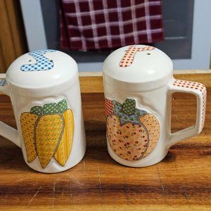 Vintage salt pepper shakers with handles by Enesco quilted garden patch